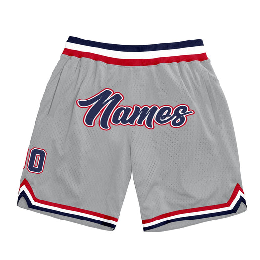 Custom Gray Navy-Red Authentic Throwback Basketball Shorts - Main View
