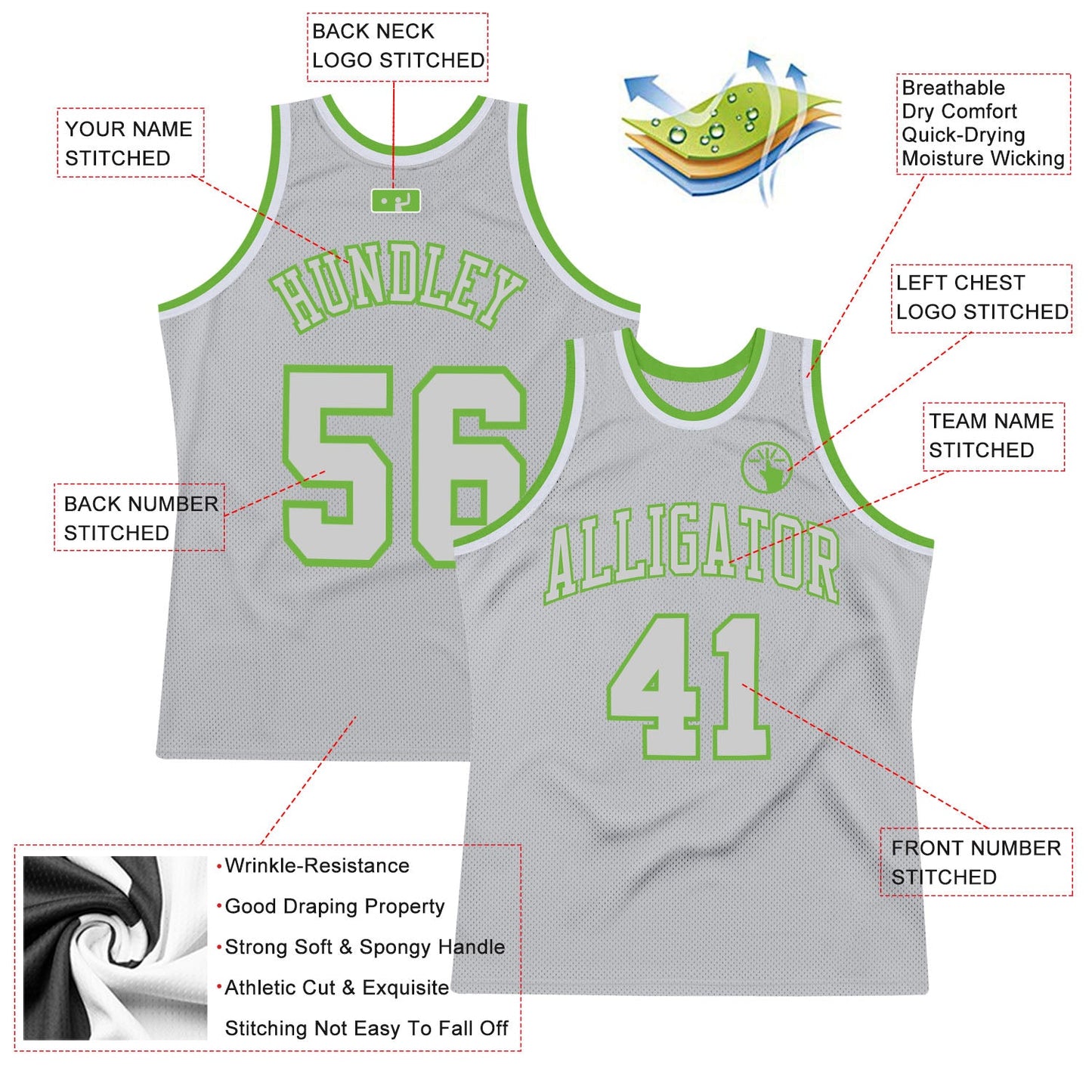 Custom Gray Gray-Neon green Authentic Throwback Basketball Jersey view 2