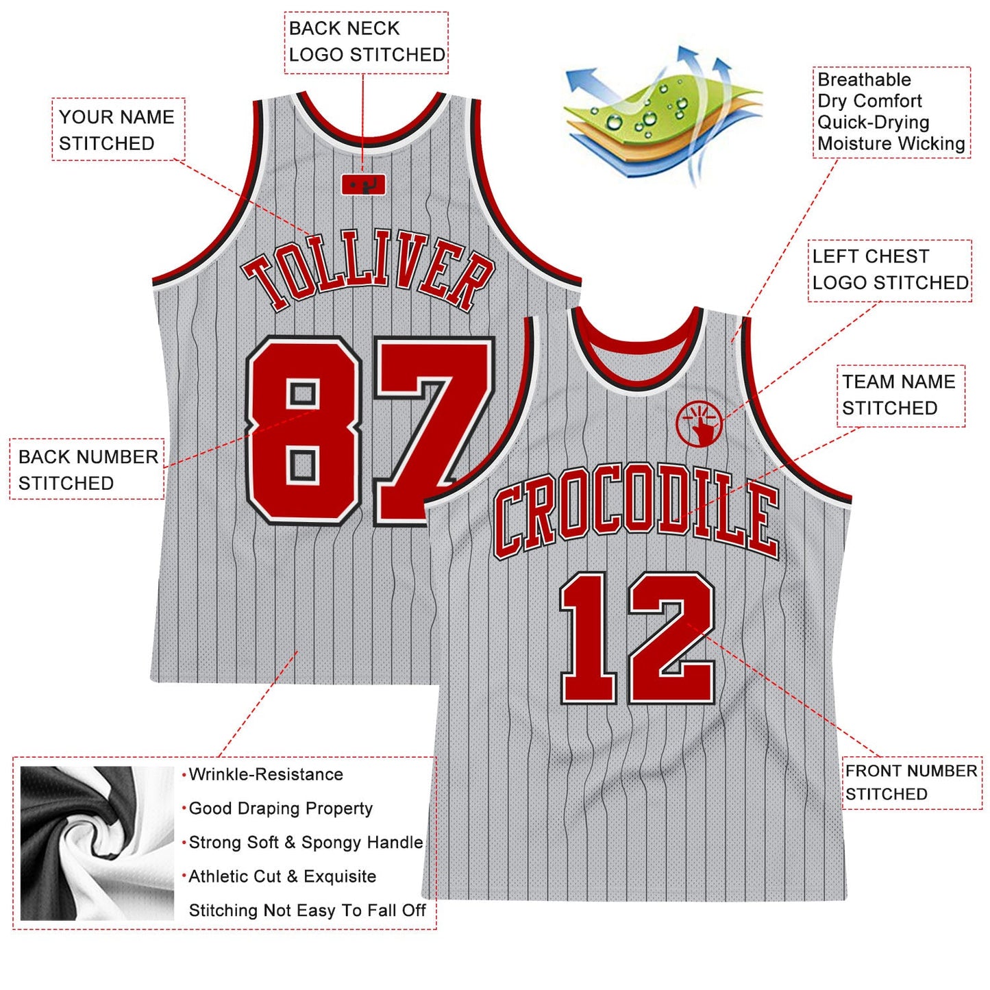 Custom Gray Black Pinstripe Red-White Authentic Basketball Jersey view 2