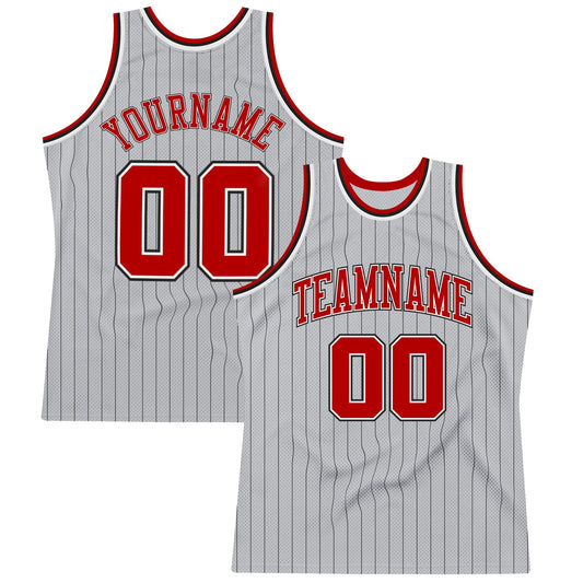 Custom Gray Black Pinstripe Red-White Authentic Basketball Jersey - Main View