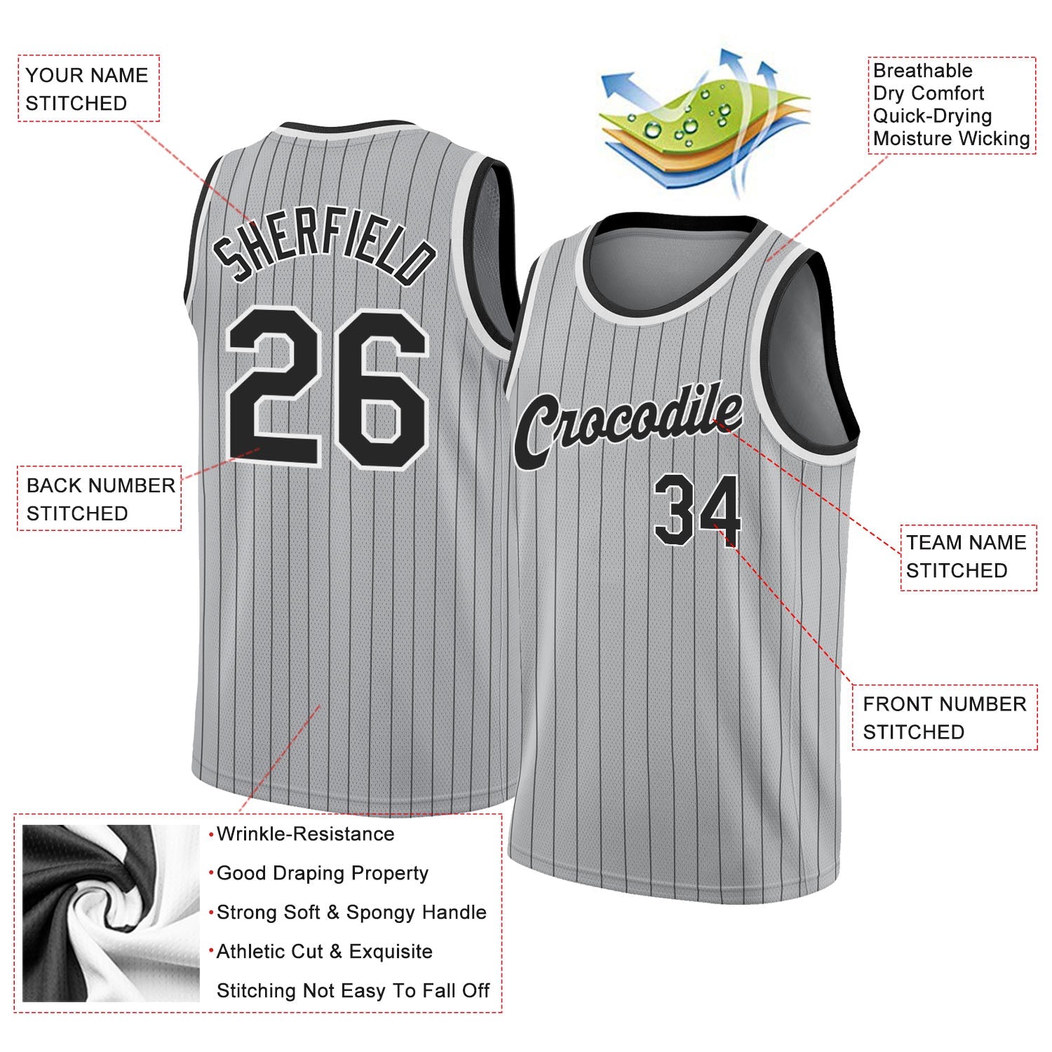 Custom Gray Black Pinstripe Black-White Authentic Basketball Jersey view 2
