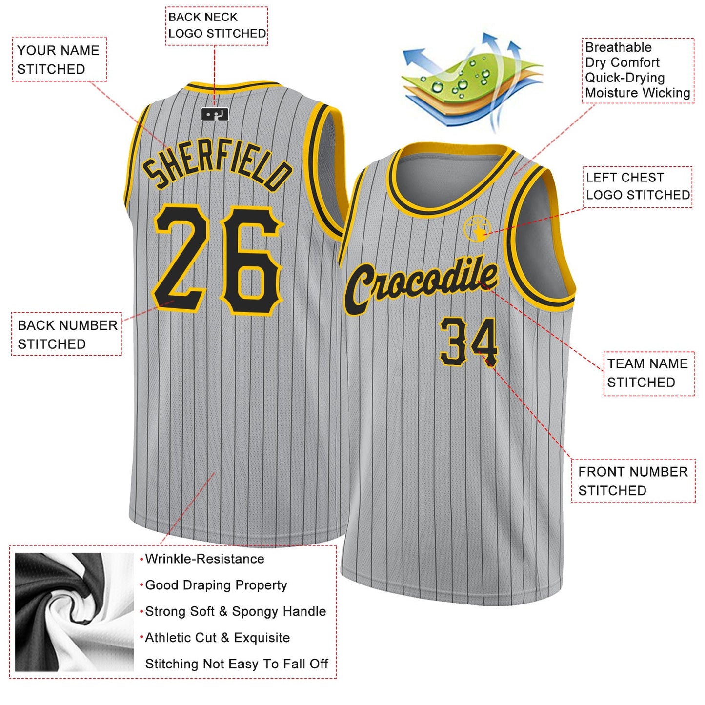 Custom Gray Black Pinstripe Black-Gold Authentic Basketball Jersey view 2