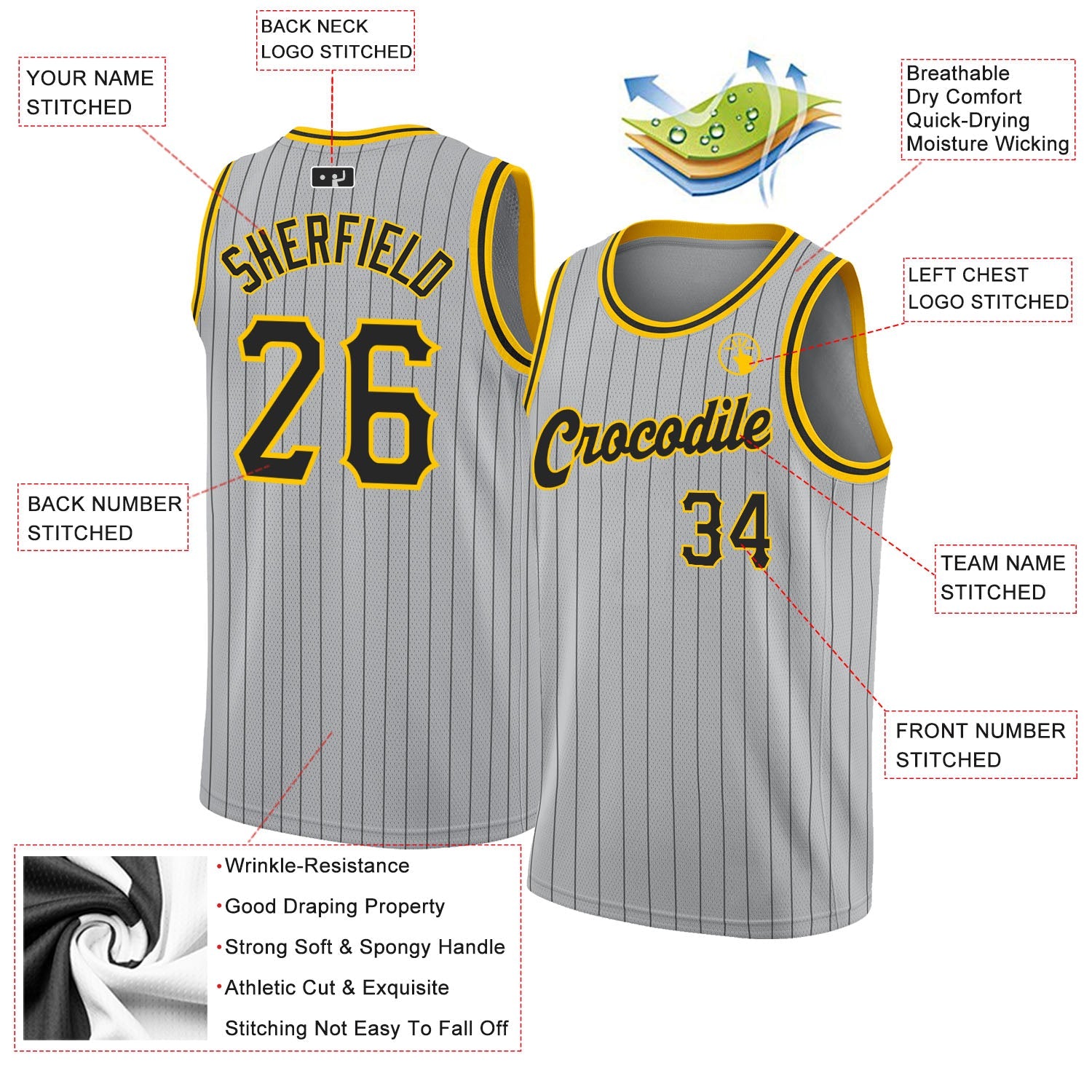 Custom Gray Black Pinstripe Black-Gold Authentic Basketball Jersey view 2