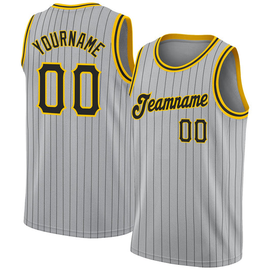 Custom Gray Black Pinstripe Black-Gold Authentic Basketball Jersey - Main View