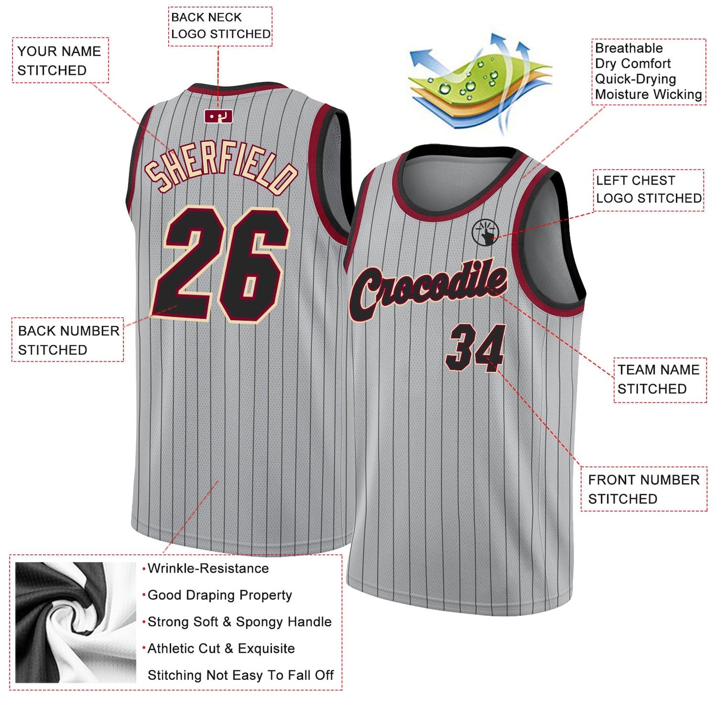 Custom Gray Black Pinstripe Black-Maroon Authentic Basketball Jersey view 2