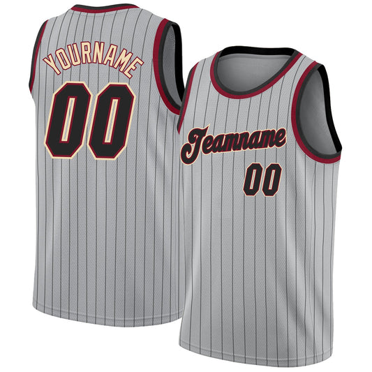 Custom Gray Black Pinstripe Black-Maroon Authentic Basketball Jersey - Main View