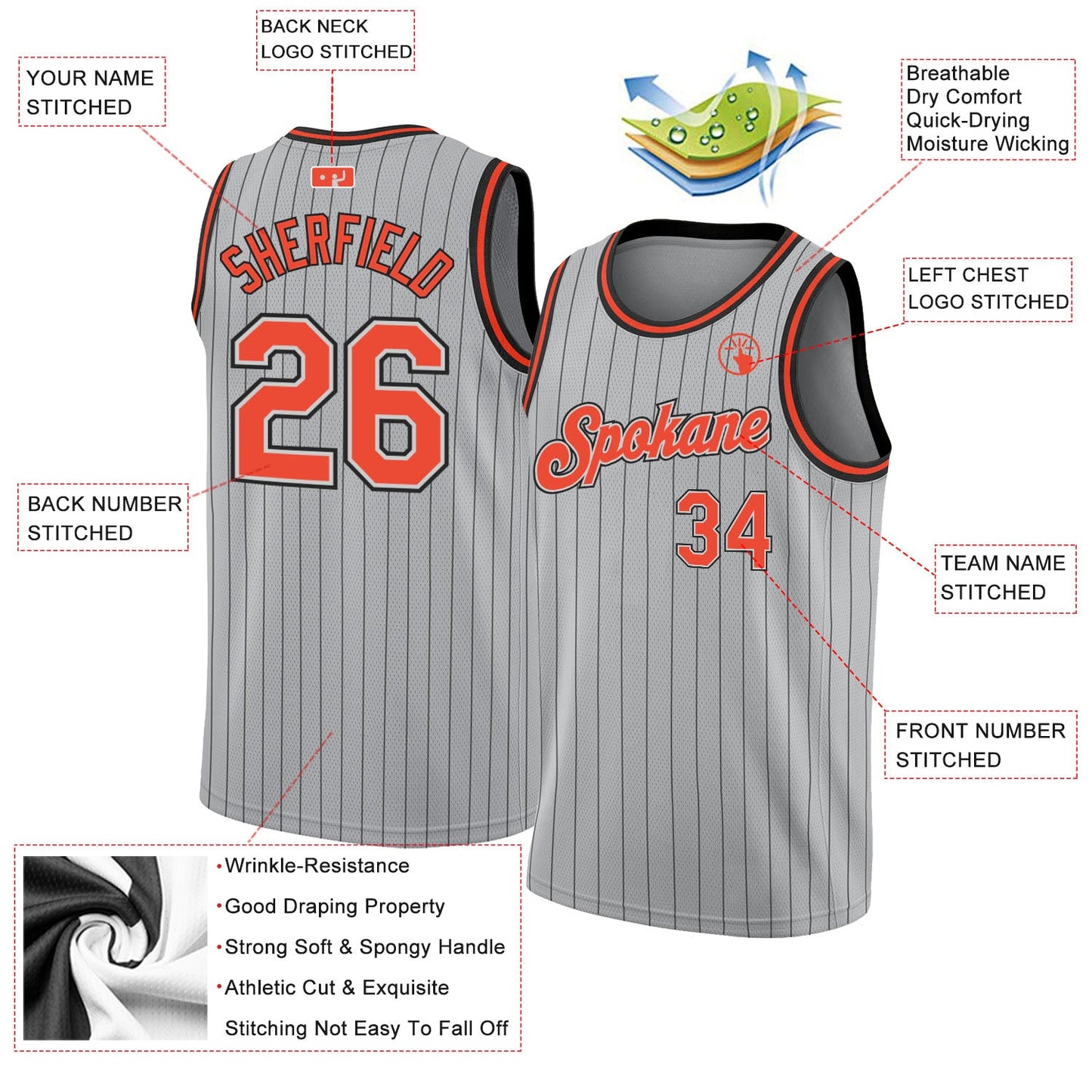 Custom Gray Black Pinstripe Orange-Black Authentic Basketball Jersey view 2