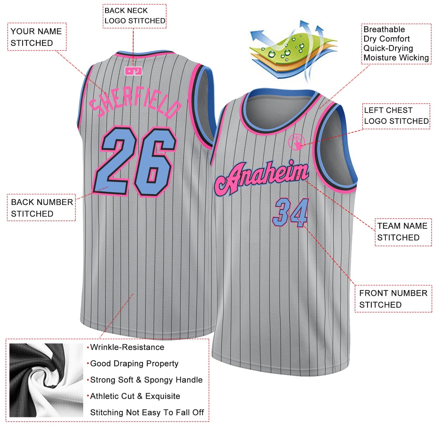 Custom Gray Black Pinstripe Light Blue-Pink Authentic Basketball Jersey view 2