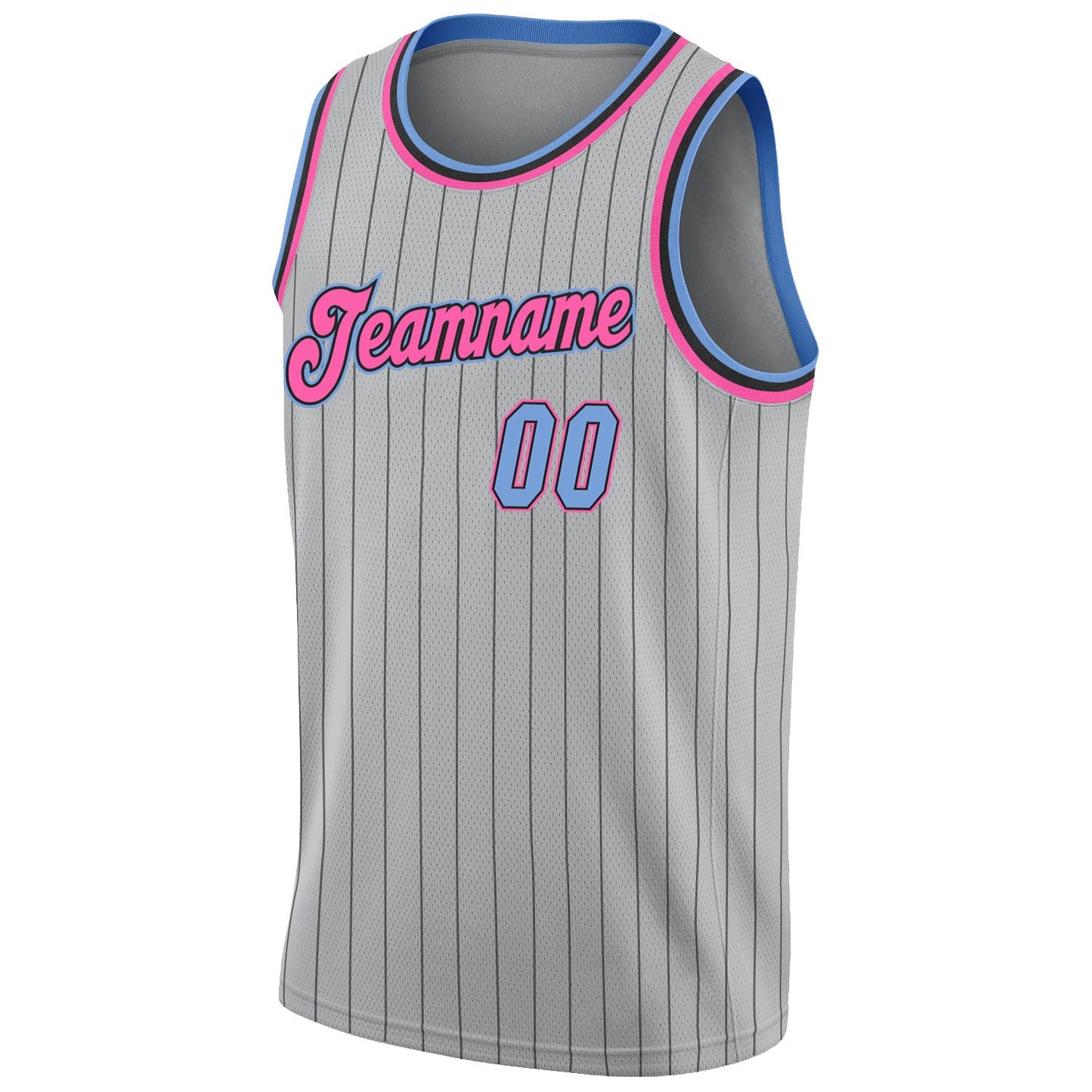 Custom Gray Black Pinstripe Light Blue-Pink Authentic Basketball Jersey view 5