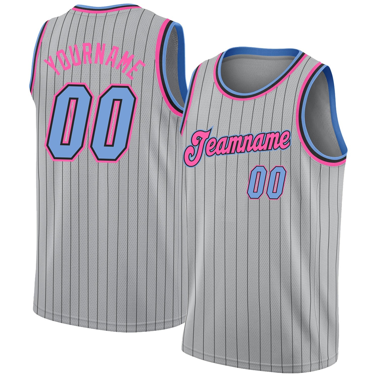 Custom Gray Black Pinstripe Light Blue-Pink Authentic Basketball Jersey - Main View