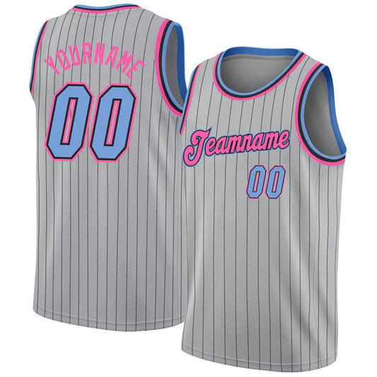 Custom Gray Black Pinstripe Light Blue-Pink Authentic Basketball Jersey - Main View