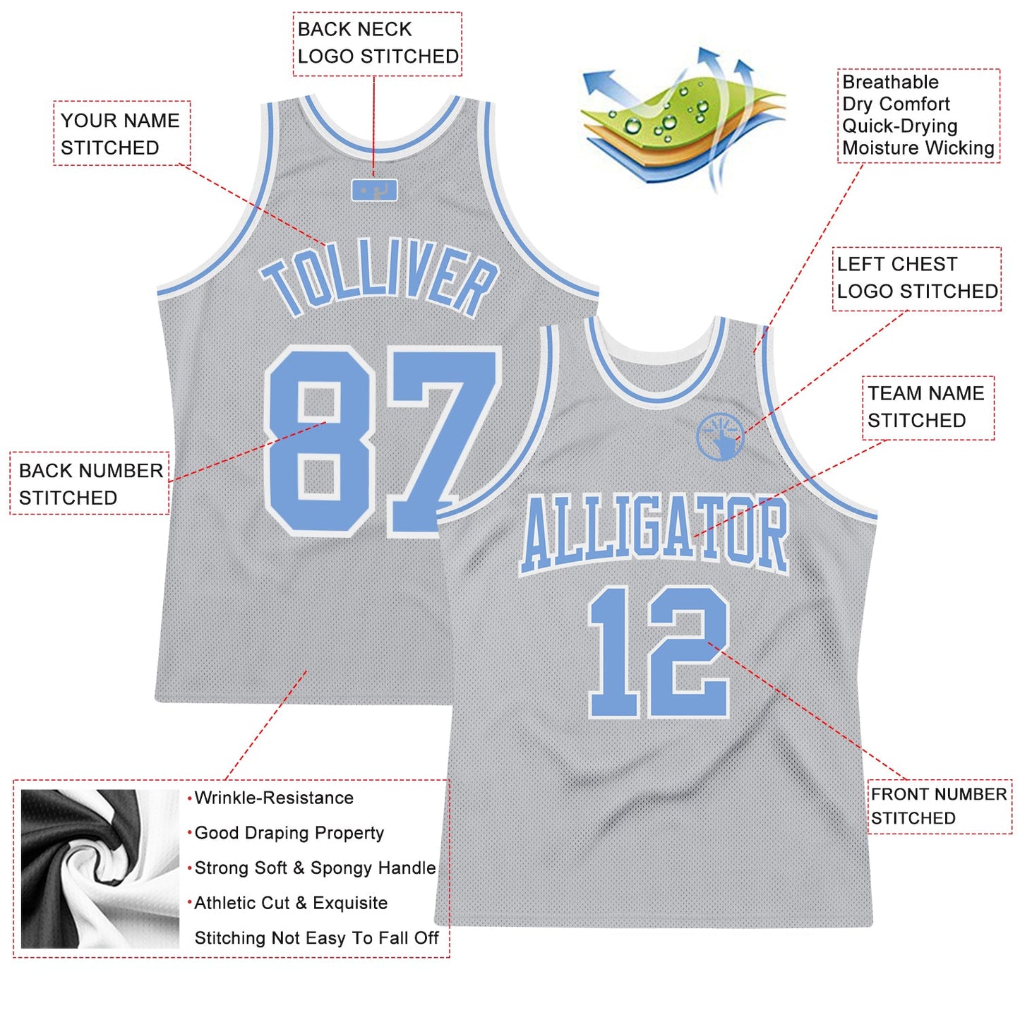Custom Gray Light Blue-White Authentic Throwback Basketball Jersey view 2