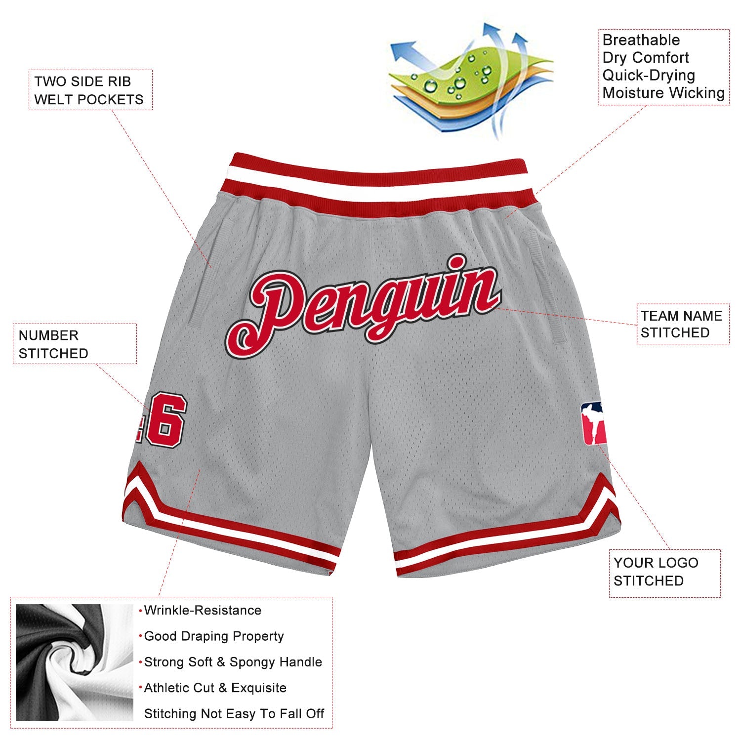 Custom Gray Red-White Authentic Throwback Basketball Shorts view 2