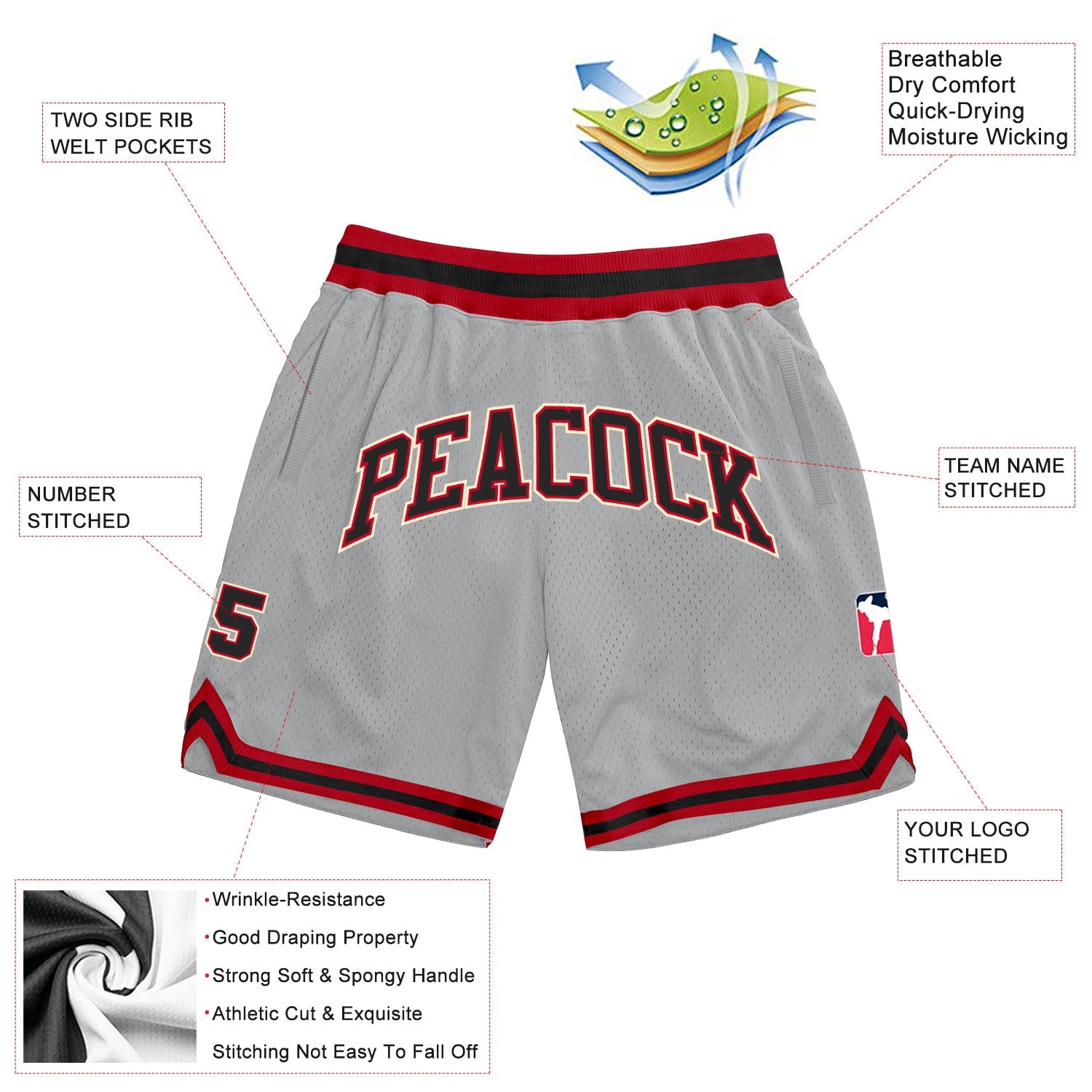 Custom Gray Black-Red Authentic Throwback Basketball Shorts view 2