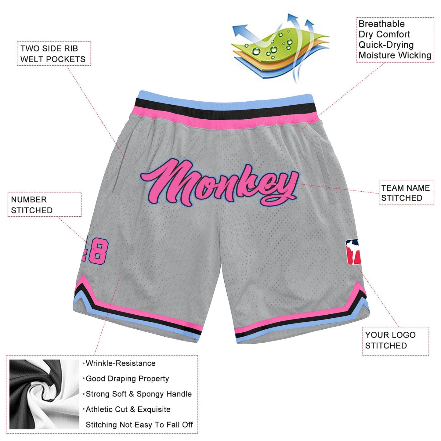 Custom Gray Pink-Light Blue Authentic Throwback Basketball Shorts view 2