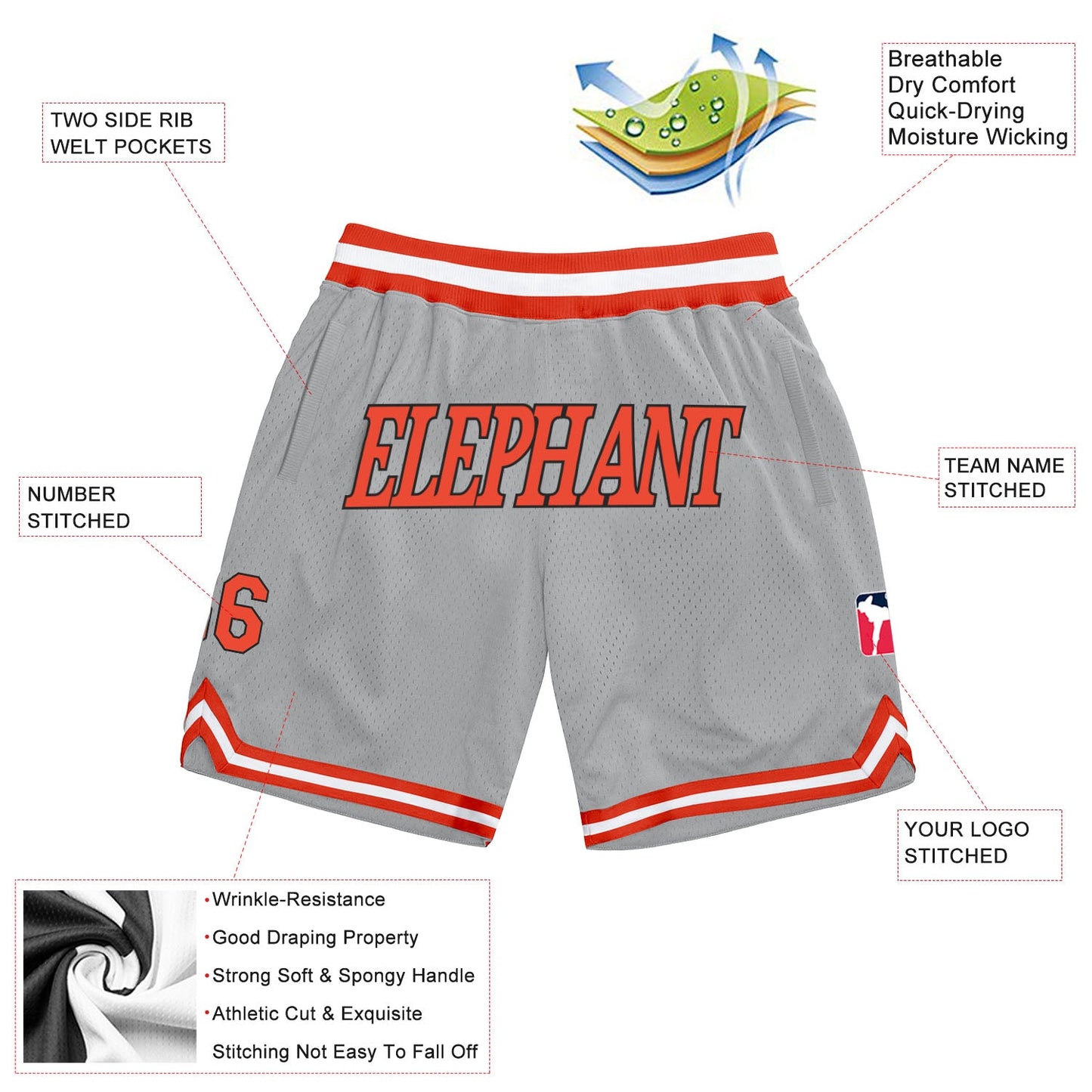 Custom Gray Orange-White Authentic Throwback Basketball Shorts view 2