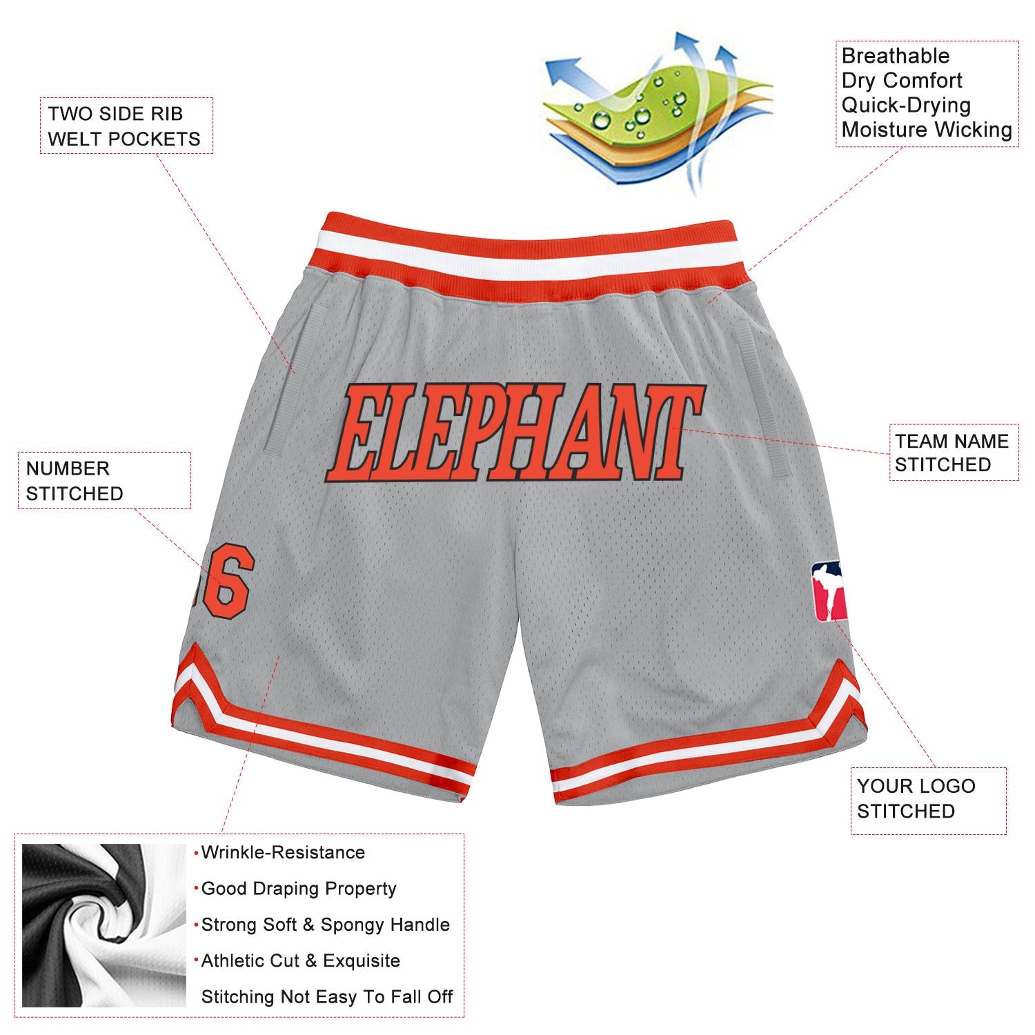 Custom Gray Orange-White Authentic Throwback Basketball Shorts view 2