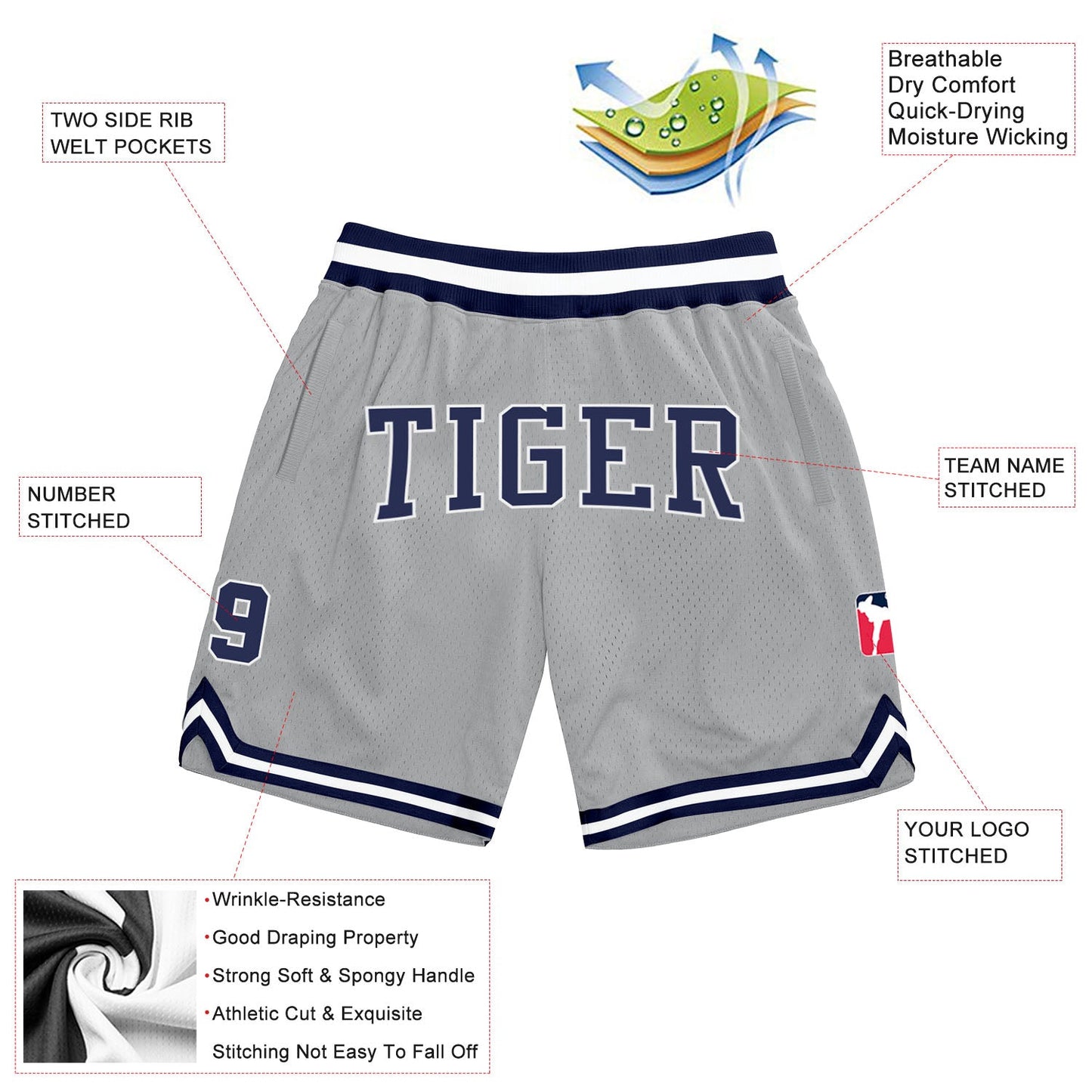 Custom Gray Navy-White Authentic Throwback Basketball Shorts view 2