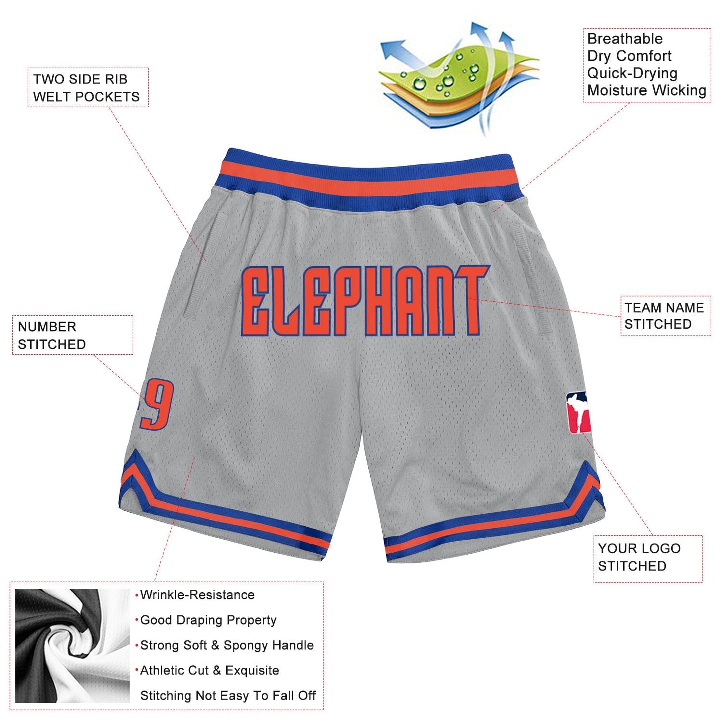 Custom Gray Orange-Royal Authentic Throwback Basketball Shorts view 2