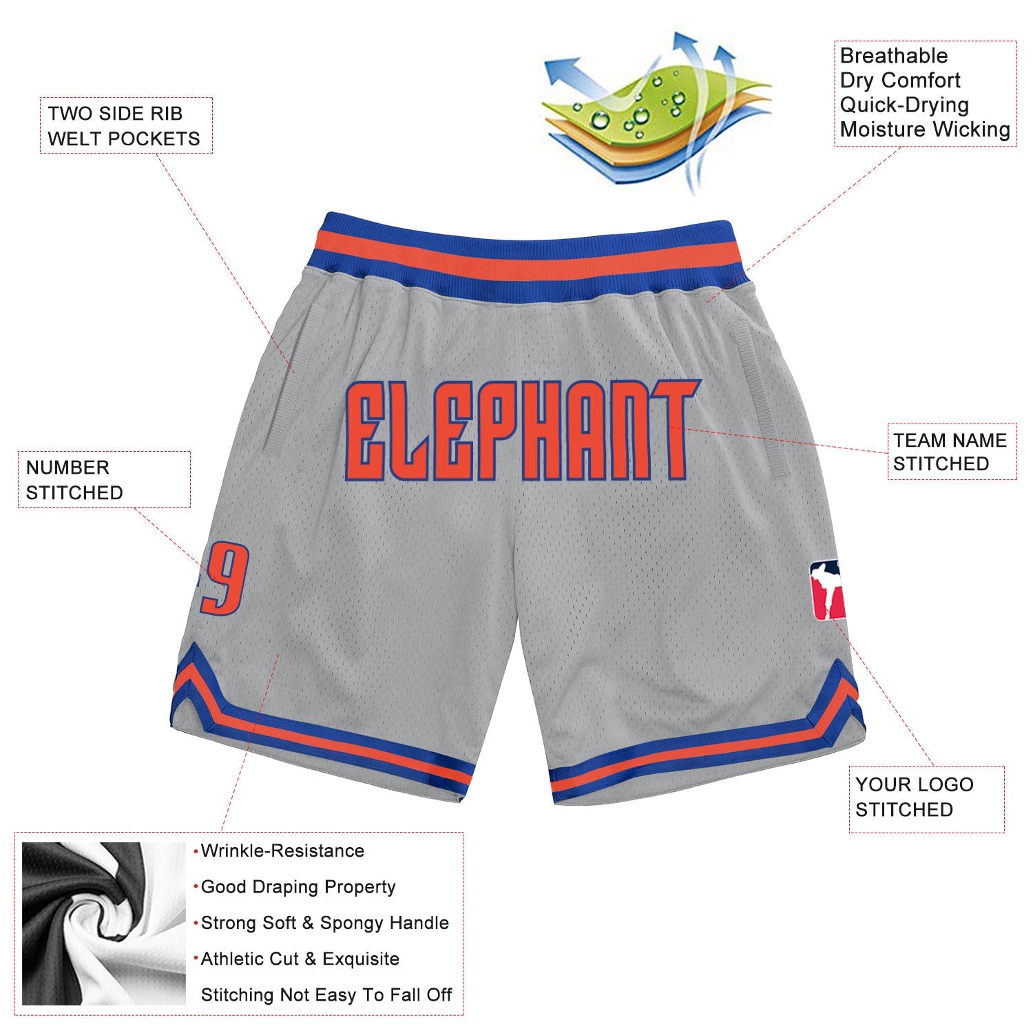 Custom Gray Orange-Royal Authentic Throwback Basketball Shorts view 2