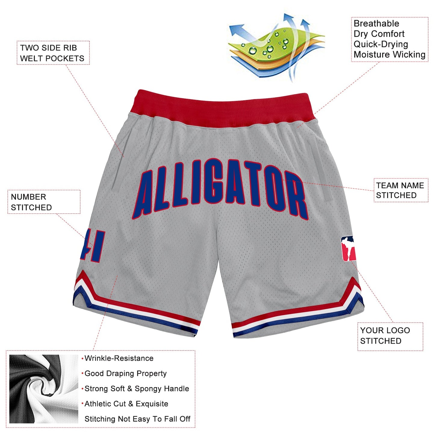 Custom Gray Royal-Red Authentic Throwback Basketball Shorts view 2