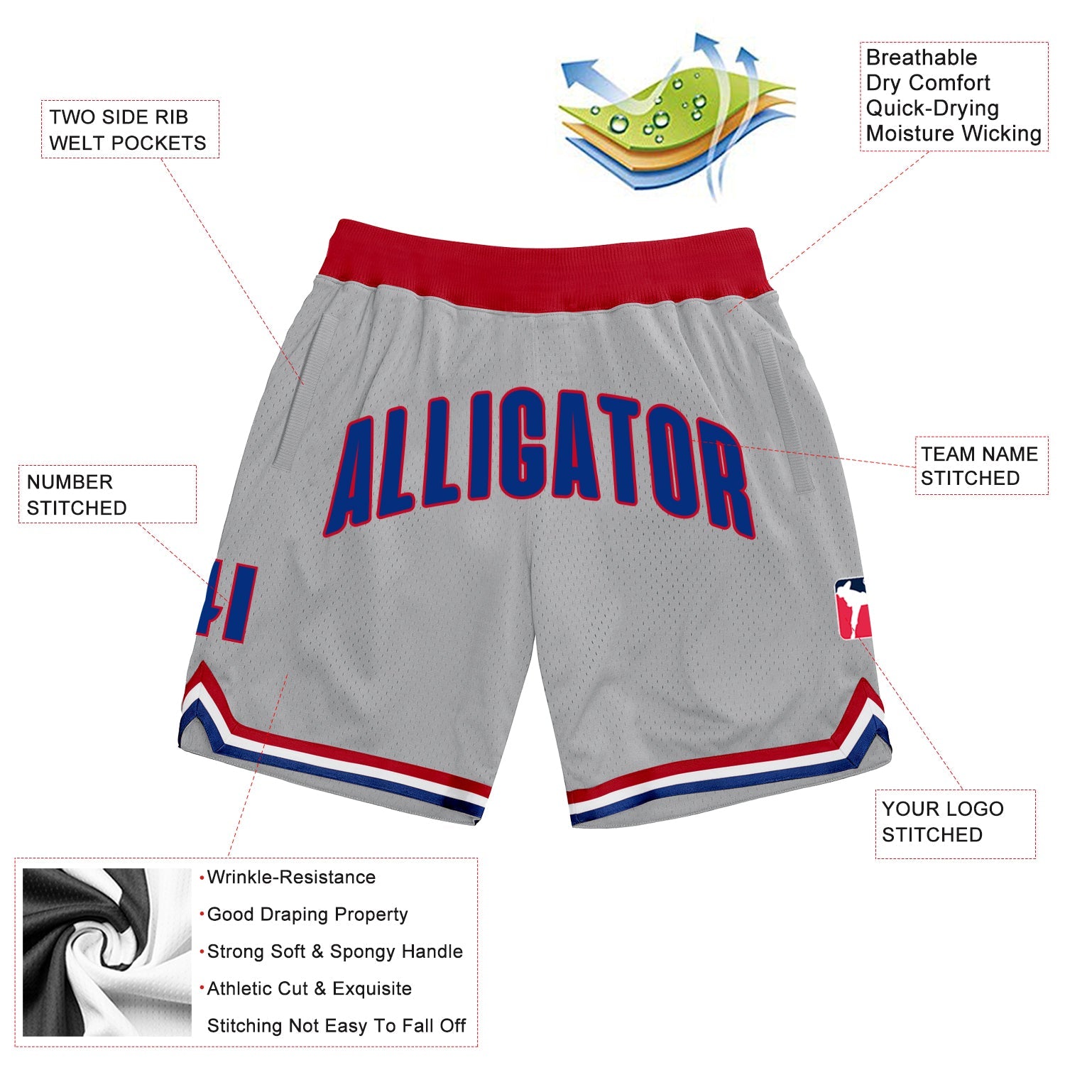Custom Gray Royal-Red Authentic Throwback Basketball Shorts view 2