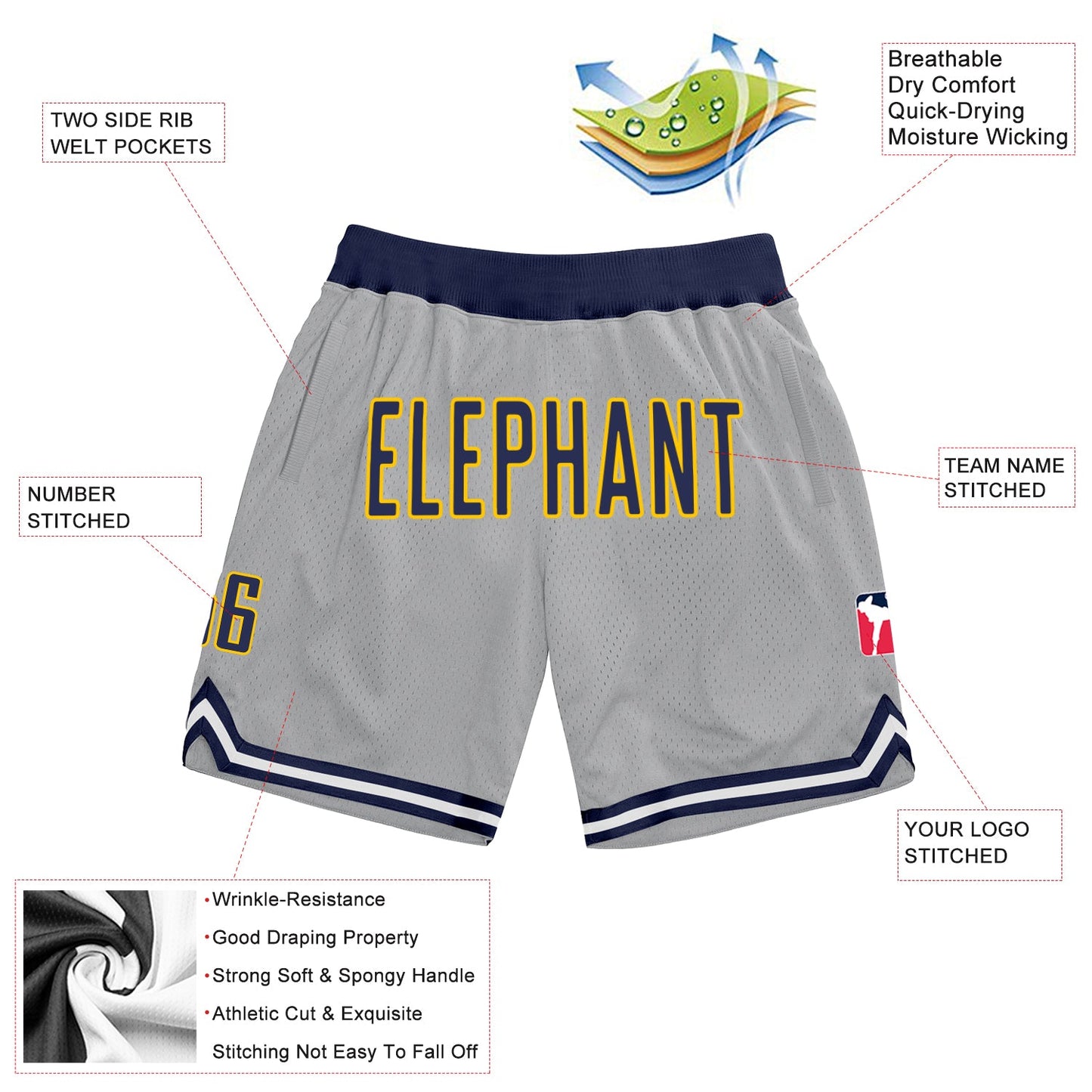 Custom Gray Navy-Gold Authentic Throwback Basketball Shorts view 2