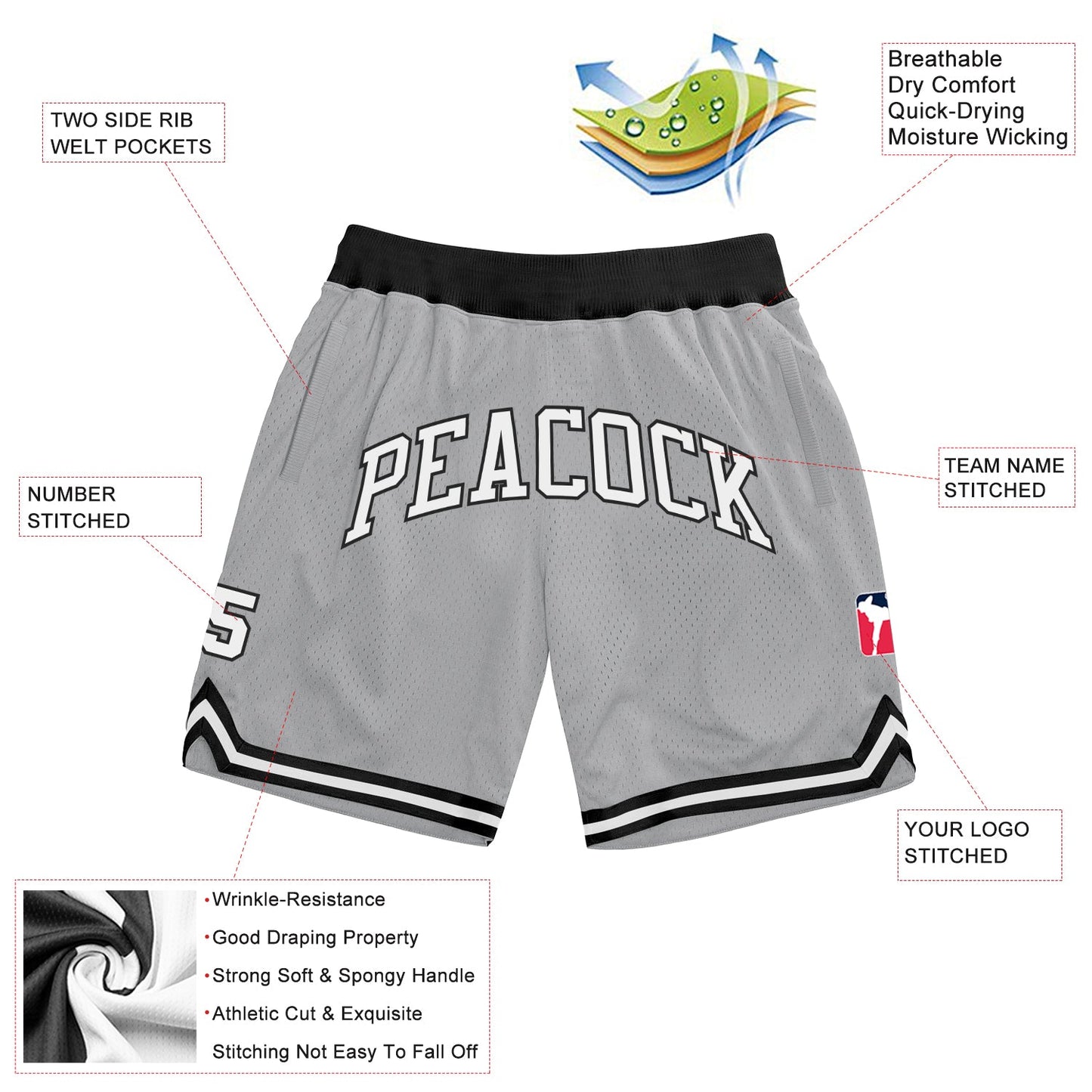 Custom Gray White-Black Authentic Throwback Basketball Shorts view 2