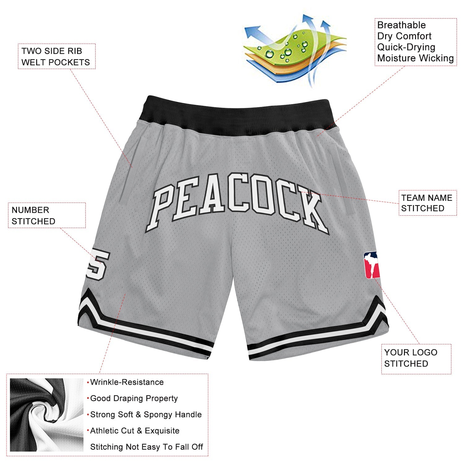 Custom Gray White-Black Authentic Throwback Basketball Shorts view 2