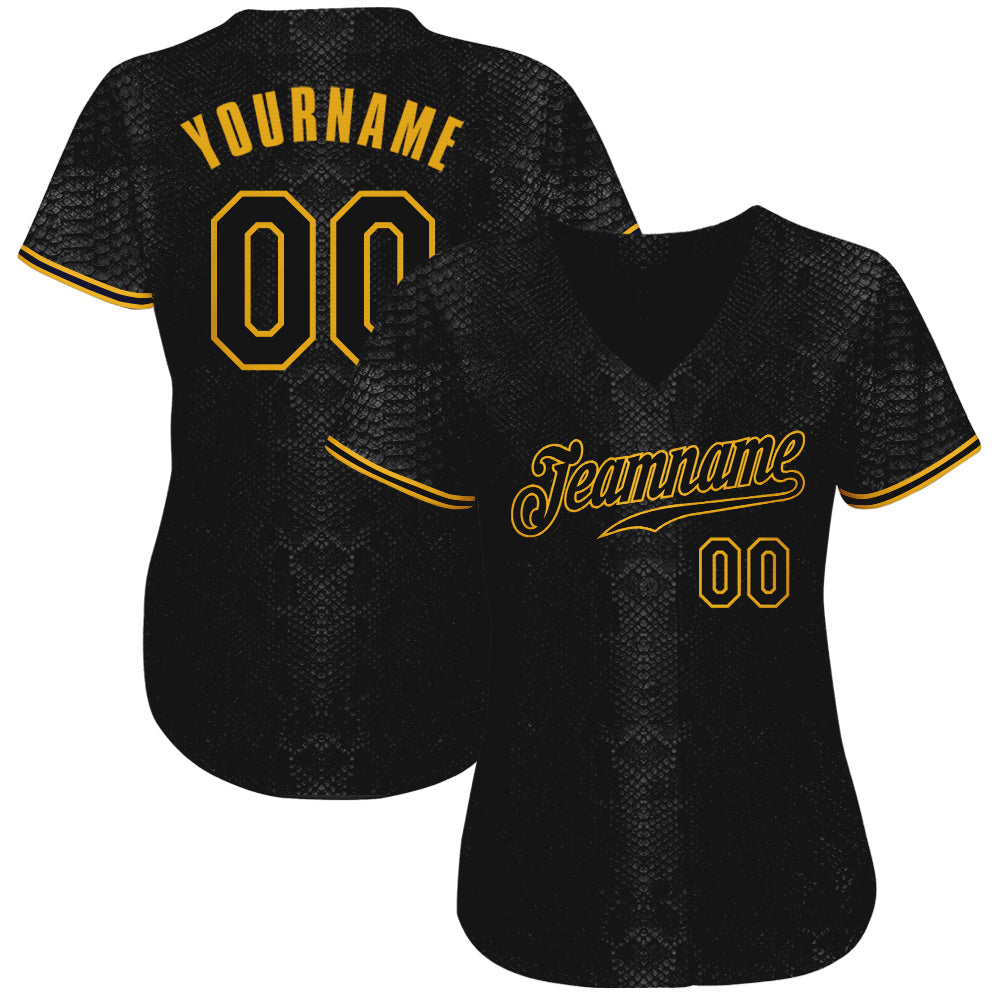 Custom Black Snakeskin Black-Gold 3D Pattern Design Authentic Baseball Jersey view 2
