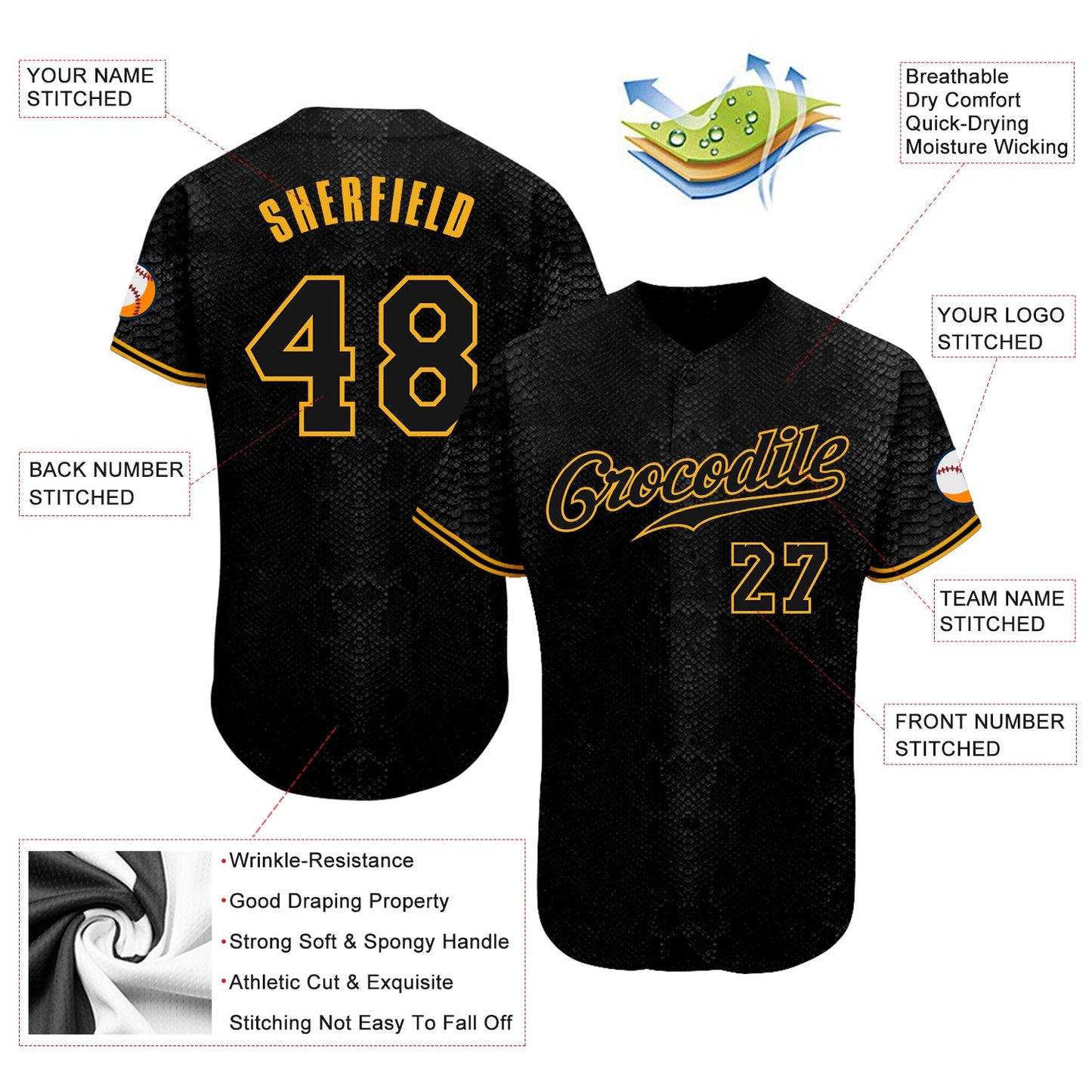 Custom Black Snakeskin Black-Gold 3D Pattern Design Authentic Baseball Jersey view 3