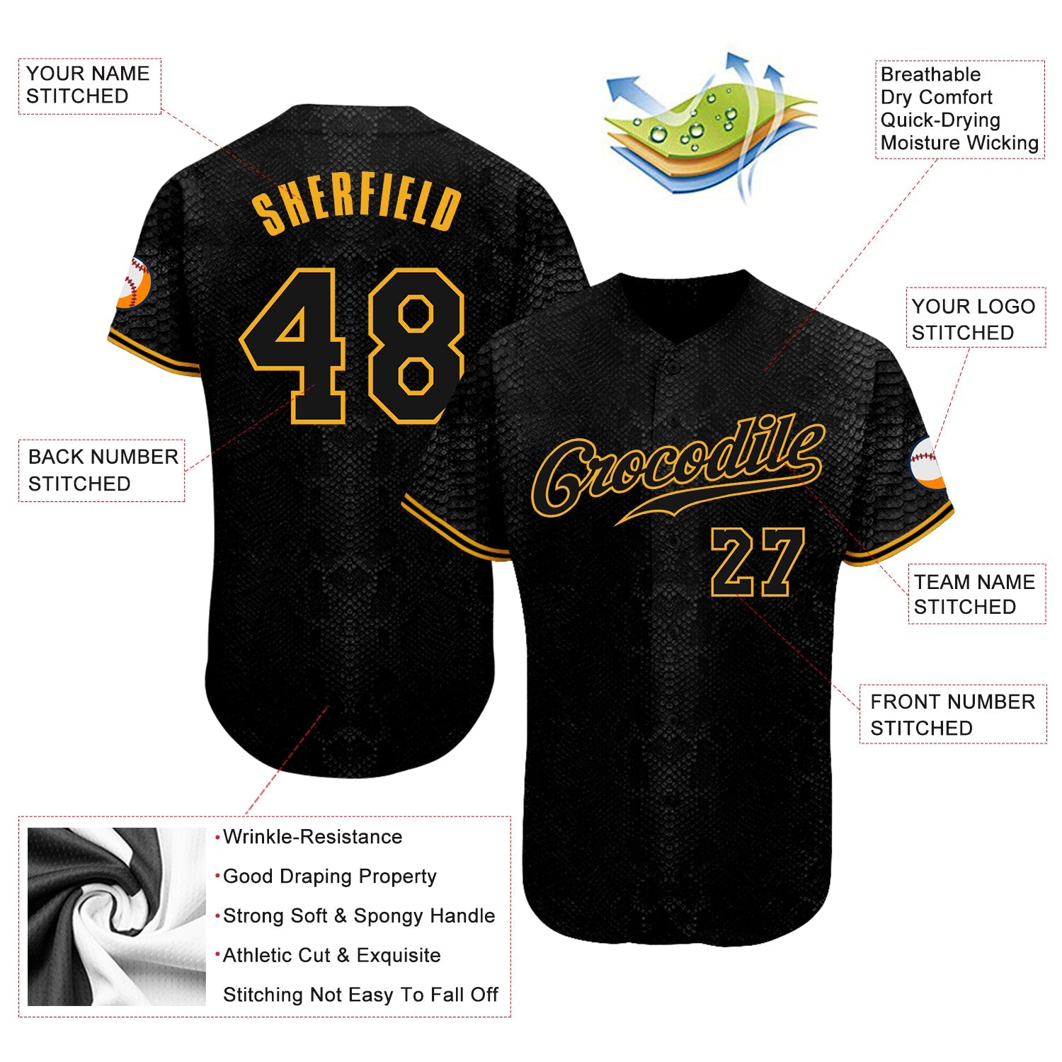Custom Black Snakeskin Black-Gold 3D Pattern Design Authentic Baseball Jersey view 3