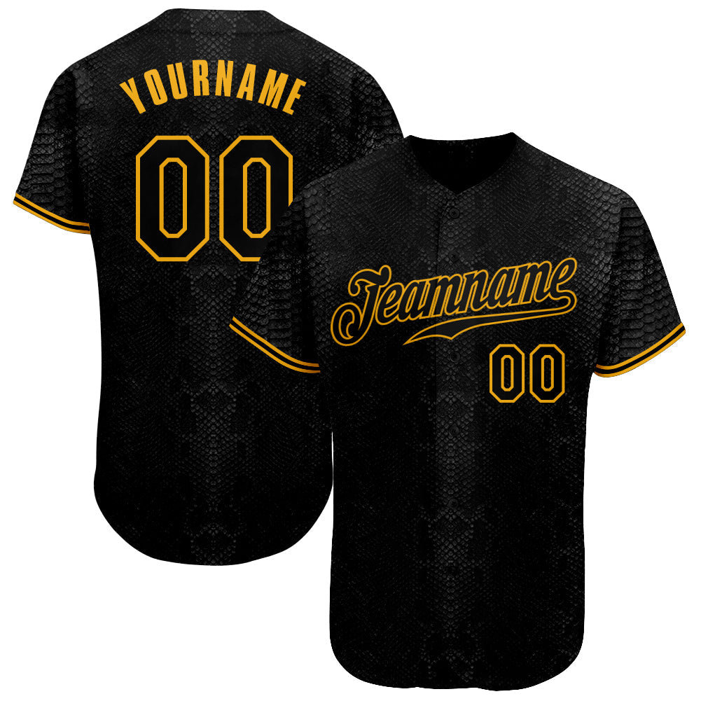 Custom Black Snakeskin Black-Gold 3D Pattern Design Authentic Baseball Jersey - Main View