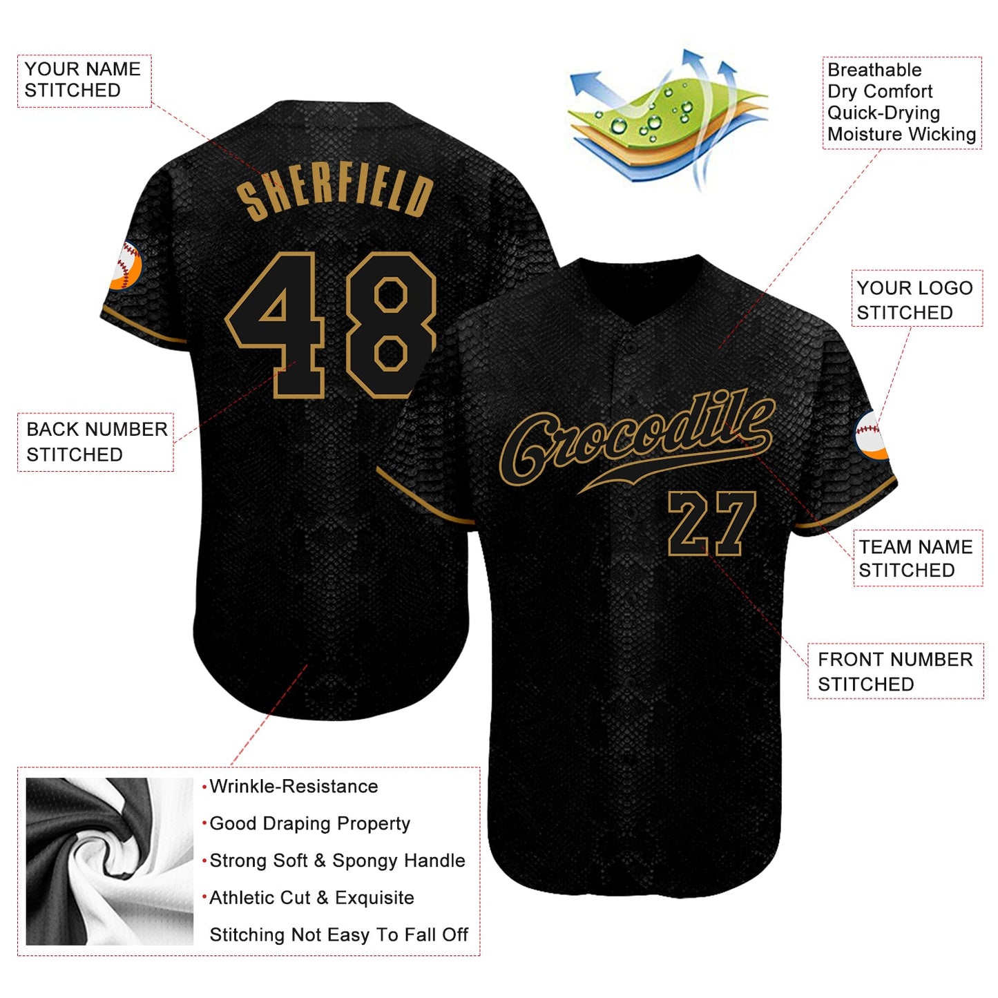 Custom Black Snakeskin Black-Old Gold 3D Pattern Design Authentic Baseball Jersey view 3