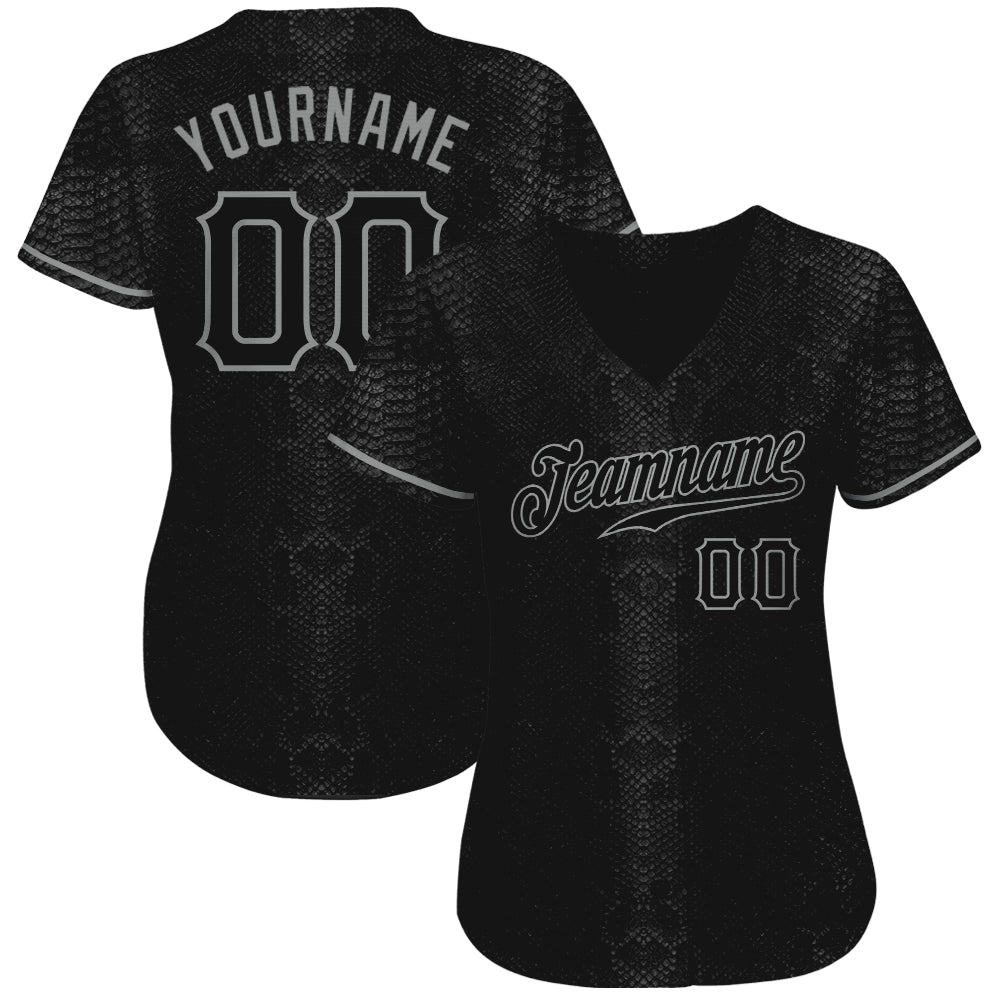 Custom Black Snakeskin Black-Gray 3D Pattern Design Authentic Baseball Jersey view 2