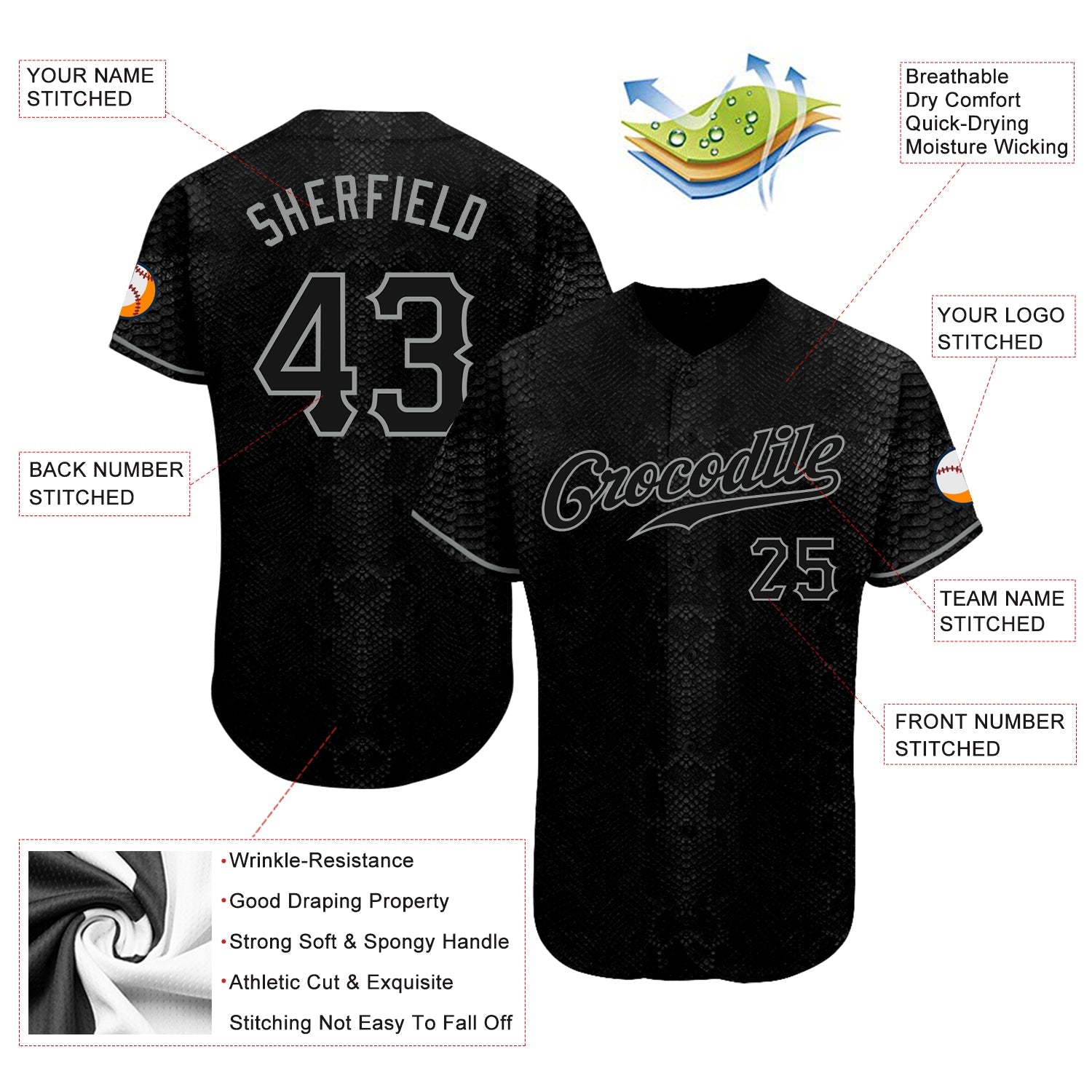 Custom Black Snakeskin Black-Gray 3D Pattern Design Authentic Baseball Jersey view 3