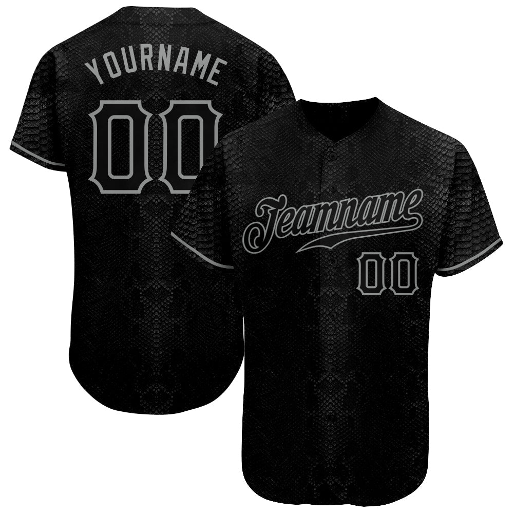 Custom Black Snakeskin Black-Gray 3D Pattern Design Authentic Baseball Jersey - Main View