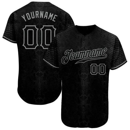Custom Black Snakeskin Black-Gray 3D Pattern Design Authentic Baseball Jersey - Main View