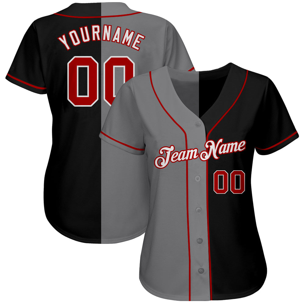 Custom Black Red-Gray Authentic Split Fashion Baseball Jersey view 2