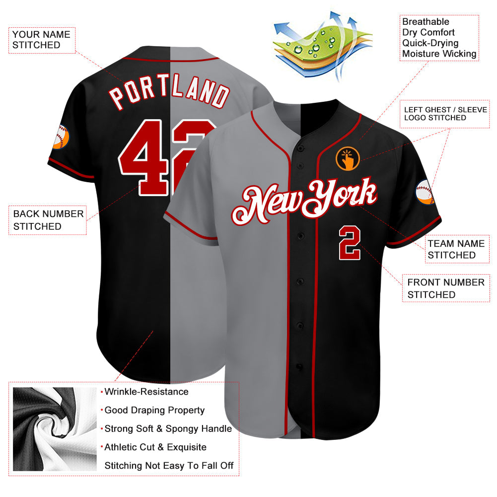 Custom Black Red-Gray Authentic Split Fashion Baseball Jersey view 3