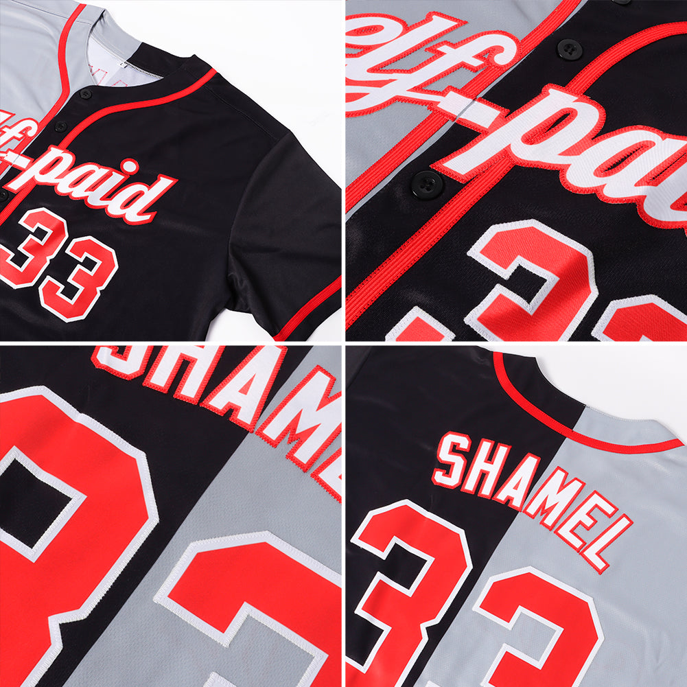 Custom Black Red-Gray Authentic Split Fashion Baseball Jersey view 6