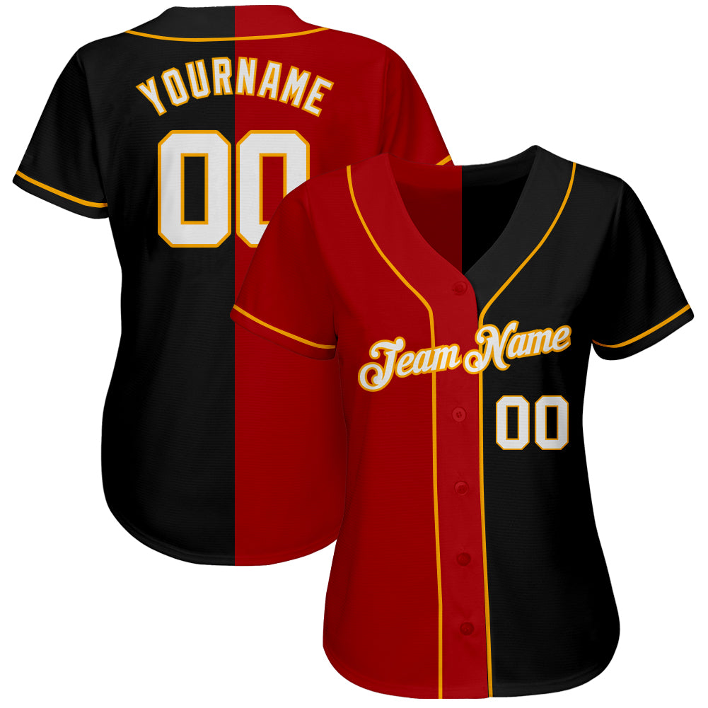 Custom Black White-Red Authentic Split Fashion Baseball Jersey view 2