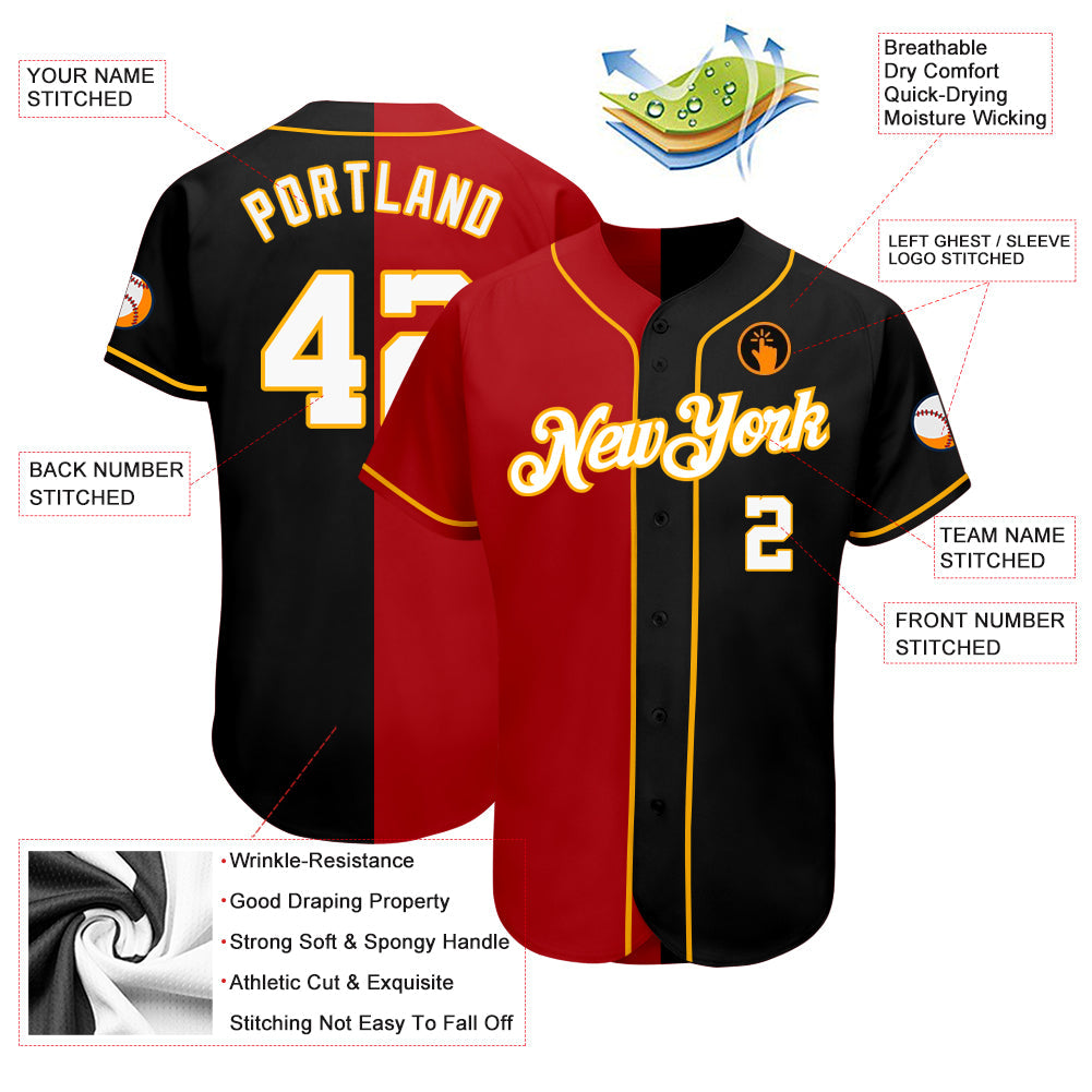 Custom Black White-Red Authentic Split Fashion Baseball Jersey view 3