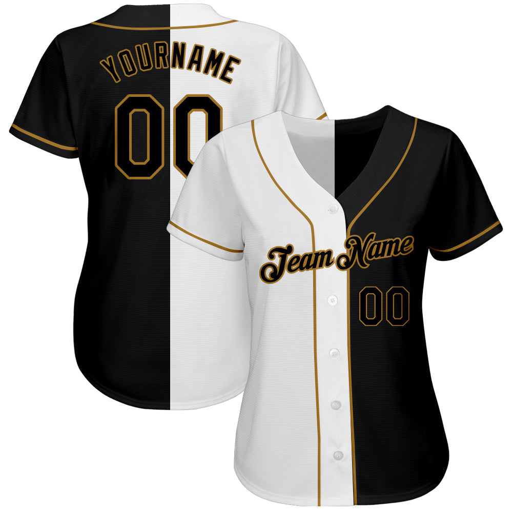 Custom White-Black Old Gold Authentic Split Fashion Baseball Jersey view 3