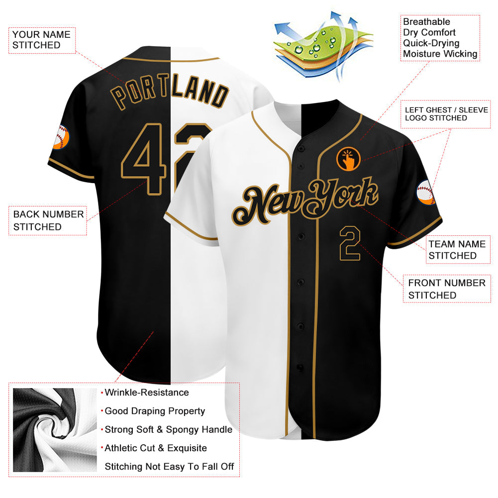 Custom White-Black Old Gold Authentic Split Fashion Baseball Jersey view 4
