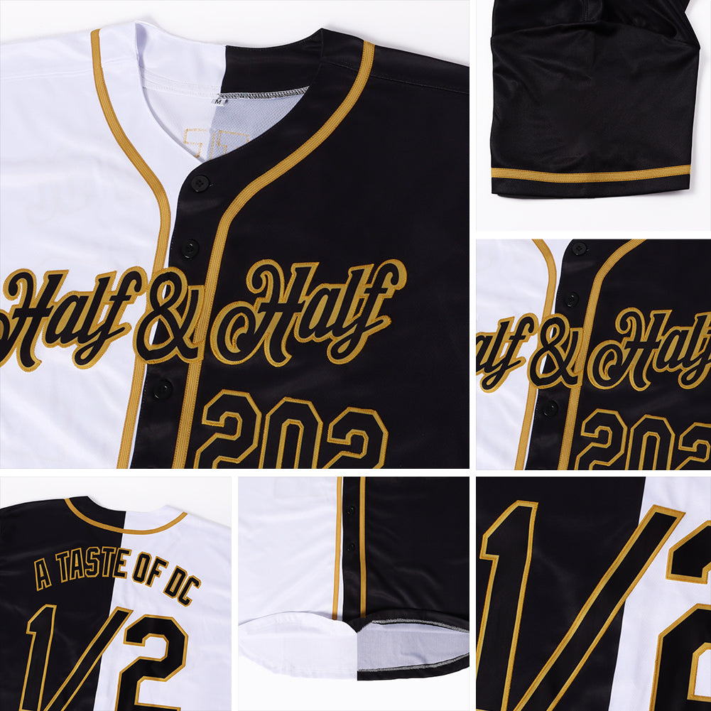 Custom White-Black Old Gold Authentic Split Fashion Baseball Jersey view 7