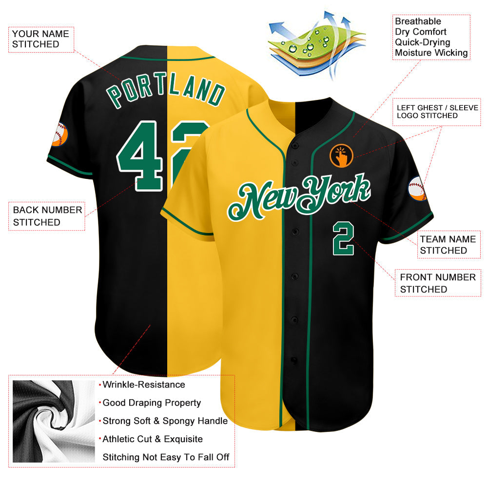 Custom Black Kelly Green-Yellow Authentic Split Fashion Baseball Jersey view 3