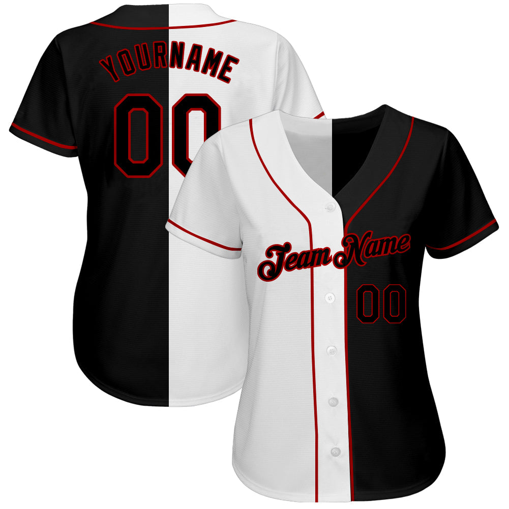 Custom White-Black Red Authentic Split Fashion Baseball Jersey view 2