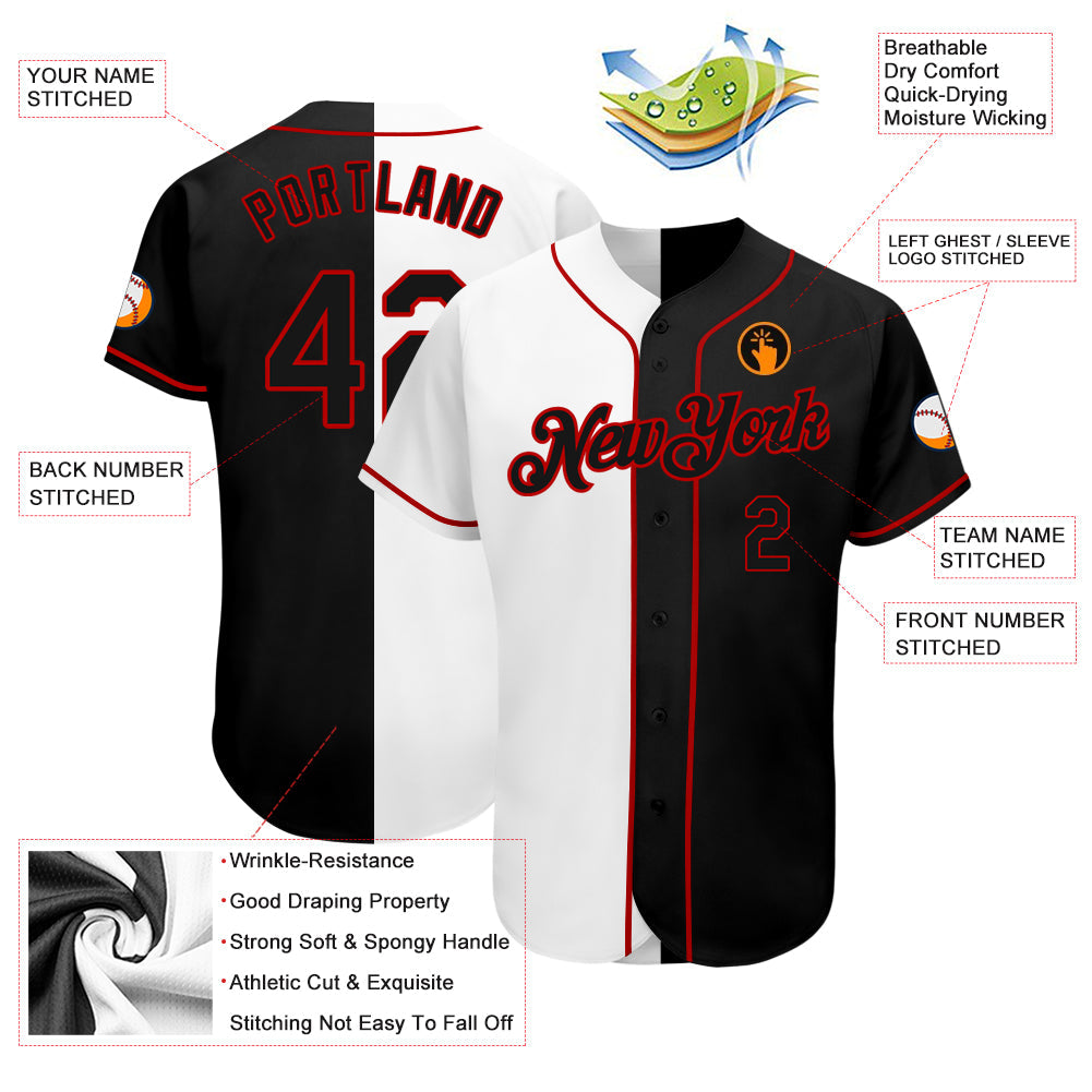 Custom White-Black Red Authentic Split Fashion Baseball Jersey view 3
