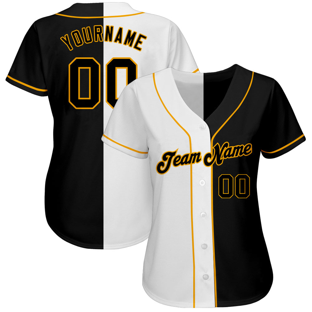 Custom White-Black Gold Authentic Split Fashion Baseball Jersey view 2